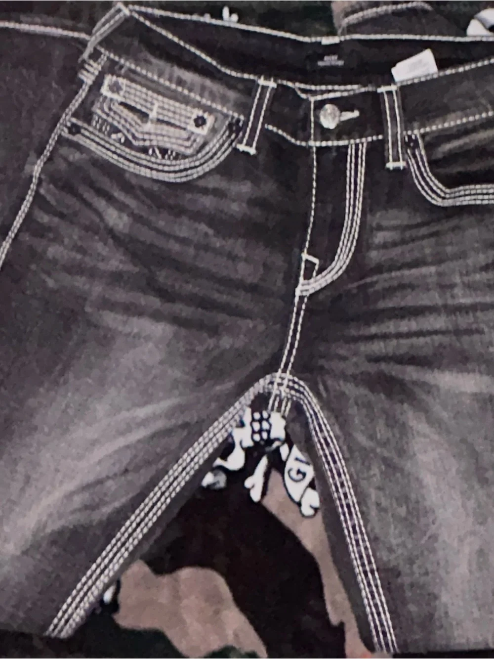True Religion Men’s Black Denim Bootcut Jeans with White Stitching